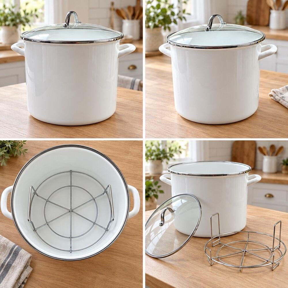 White Enamel Water Bath Canner Stock Pot with Glass Lid & Jar Rack New